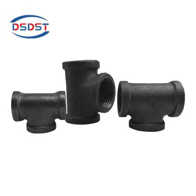 China Retro Industrial Product Accessories/Decoration DSDST 3 Jet Black Malleable Iron Pipe Fittings Way Connect Female Threaded Pipe Tee Home Furniture Decor for sale