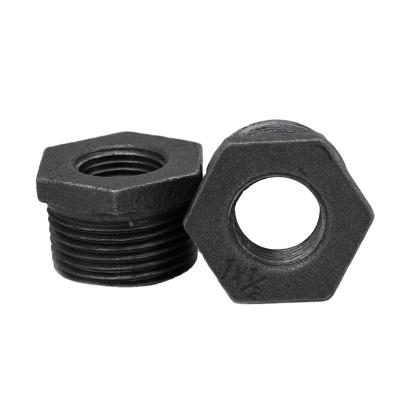 China Retro Industrial Product Accessories / Decoration Black Malleable Iron Pipe Fittings Reducing Hexagon Street 2 Way Bush Threaded Pipes And Fittings for sale