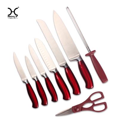 China Durable Stainless Steel 13pcs Hollow Handle Red Enamel-Coated Knives With Knife Block for sale