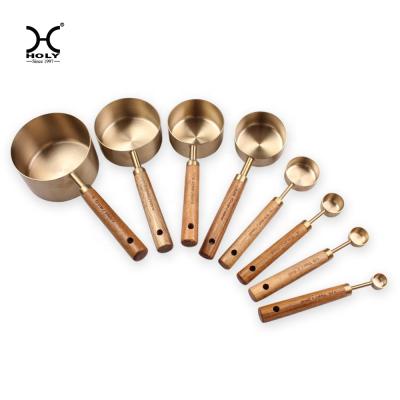 China 8pcs Sustainable Measuring Cups And Spoons Set Of Acacia Wood Handle With Vacuum Plating for sale