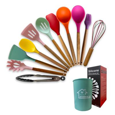 China Amazon Stocked Hot Selling 12 Pieces In 1 Kitchen Accessories Set Cooking Tools Instruments Silicone Kitchen Utensils Set With Wooden Handle for sale