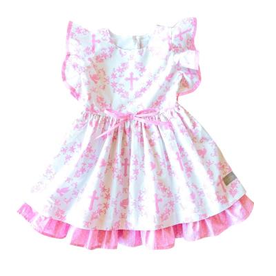 China 2022 New Washable Cute Pink Baby Girl Dress Print Easter Little Flying Sleeves Ruffle Edge Kids Dresses For Girls for sale