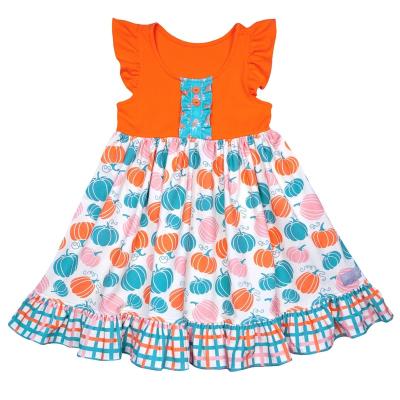 China Halloween Theme Pumpkin Print Washable Dress For Kids Little Flying Sleeves Ruffle Edge Baby Dress Party Vitality Kids Dress for sale