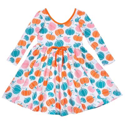 China Baby Party Print Pumpkin Theme Halloween Dress Washable Calfstripe Bow Dress Cute Halloween Dress For Kids Long Sleeve Soft Comfy Princess Dresses for sale