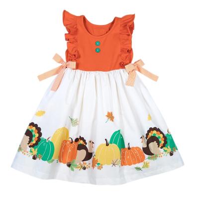 China New Washable Halloween Theme Pumpkin Kids Dress Small Flying Sleeves Lattice Bow Cute Baby Dresses Cotton Casual Dress For Kids for sale