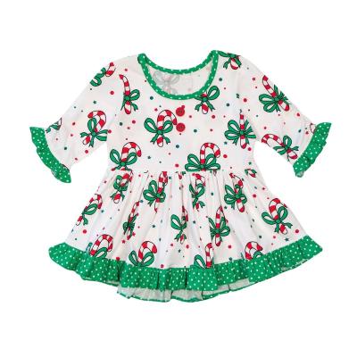 China Christmas boutique fashion washable candy print kids dress cute ruffle edge baby dress green pants kids clothing for sale