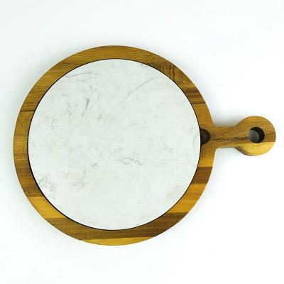 China Sustainable Round Acacia Wood And Cheese Board Removable Marble Charcuterie Food Cutting Plate With Handle for sale