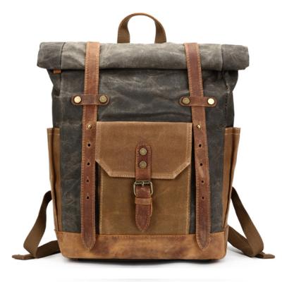 China Waterproof In Stock Waxed Canvas Rolltop Rucksack Leather Rucksack Men Rolltop Military Office Laptop Backpack for sale