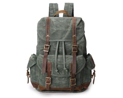 China Waterproof Mens Heavy Duty Waxed Canvas Vintage Backpacks Genuine Leather Backpack Travel Laptop Backpack Genuine Leather Canvas 15.6