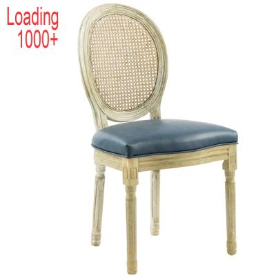 China French Rattan Back Classic Antique Vintage Upholstered Wood Fabric Design Exposed Leather Chair Rattan Back Louis Dining Chair for sale