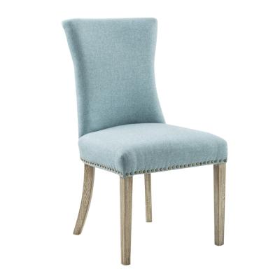 China Durable Hot Sale American Style Light Blue Canvas Wood Frame Dining Chair With Antique Finish Legs for sale