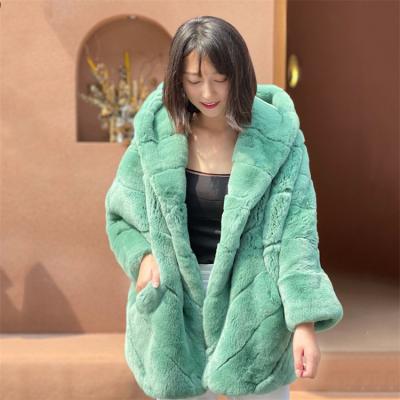 China Free Shipping Breathable Natural Fur Collar Coat Quality Rabbit Hooded Fur Striped Women Warm Rex Rabbit Jacket for sale