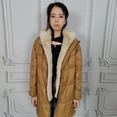 China Rex Down Coat Women Soft High Quality Ladies Breathable 100% Polyester Rabbit Long Fuzzy Down Hooded Jacket With Mink Fur Collar for sale