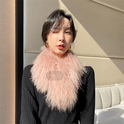 China HS3118 Women Long Hairy Winter Real Fur Scarf Tibet Lamb Long Clip Scarf for sale