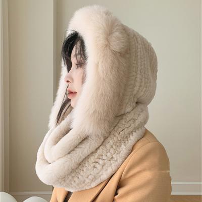 China Warm Natural Long Fur Hat Neck Scarves Women Knitted Real Rex Rabbit And Fox Fur Hooded Scarf Neck Winter For Woman for sale