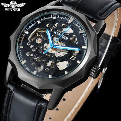 China WINNER brand men's fashion sport mechanical watches shock resistant leather strap automatic skeleton black case watches reloj hombre for sale