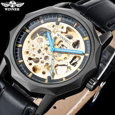 China Hombre de reloj male wristwatches automatic skeleton black watches WINNER fashion men's shock resistant brand mechanical leather strap men's watches for sale