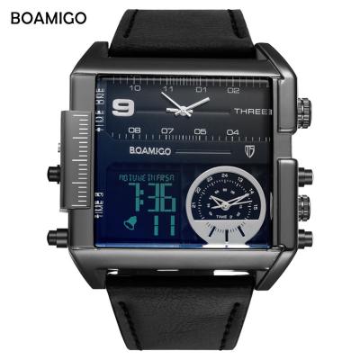 China Top Sale BOAMIGO Brand Men Sports Watches Auto Date Big 3 Time Zone Fashion LED Watch Military Quartz Leather Wristwatches Custom Logo for sale