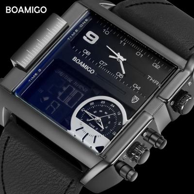 China Top Sale BOAMIGO Brand Men Sports Watches Auto Date Big 3 Time Zone Fashion LED Watch Military Quartz Leather Wristwatches Custom Logo for sale