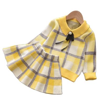 China European Style European Style Babies Knitted 2 Piece Set Girls Plaid Girl's Sweater Skirt Two Piece Clothing Set For Winter for sale