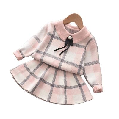 China European Style Striped European Style Children's Suits Girls Knitted Plaid Knit Dress Girl's Sweater Skirt Two-Piece Set for sale