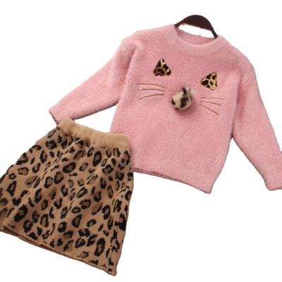 China 2020 European Style European Style Long Sleeves Girls Leopard Sweater Skirt Set For Autumn And Winter for sale