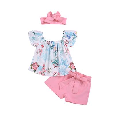 China Fashion Fashion 2020 Summer Baby Set T-Shirt + Headband+Short Sleeve Flower Printed Shorts Three Piece Set for sale