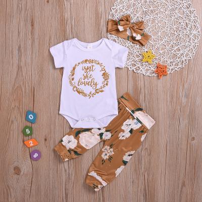 China European and American Style Hot Selling Amazon Style Baby Clothing Overalls Set English Gold Foil T-Shirt+Trousers For Summer for sale