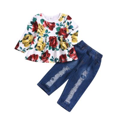 China Autumn Clothing Set casual casual for girl print Rose Flower Long Sleeved and ripped jeans set for girl in Autumn Clothing Suit for sale