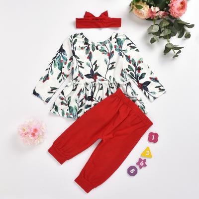 China Hot Selling 100% Cotton European Style Baby Dressing Set Long Pants Kids Amazon European Style Long Sleeve Suit For Girls With Green Leaves for sale