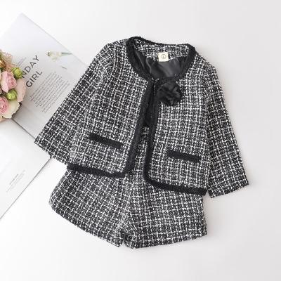 China European Style Black Girls Dress Girls Clothing Set Plaid Style Cardigan Two Piece Coat + Shorts Two Piece Suit For Winter for sale