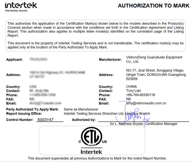 ETL - Vistron(Dong Guan) Audio Equipment Co., Ltd.