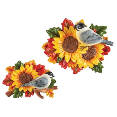 China Hand Painted Modern Minimalist Chickadee Sunflower Wall Decor, Set of 2 for sale