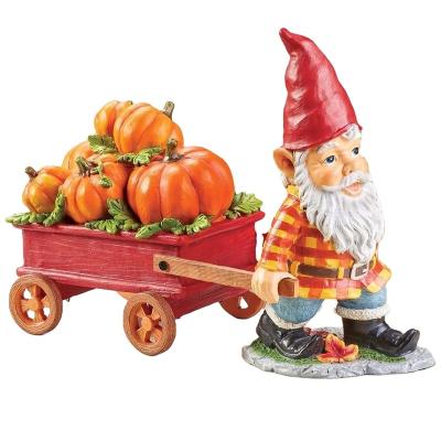 China Minimalist custom hot sale unique hand painted garden gnome with pumpkin cart for sale