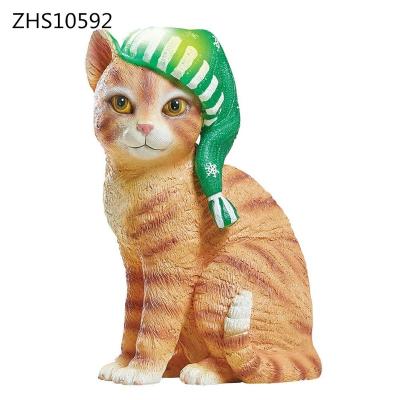 China Christmas Solar Lighted Outdoor Orange Cat Home or Garden Polyresin Statue for sale