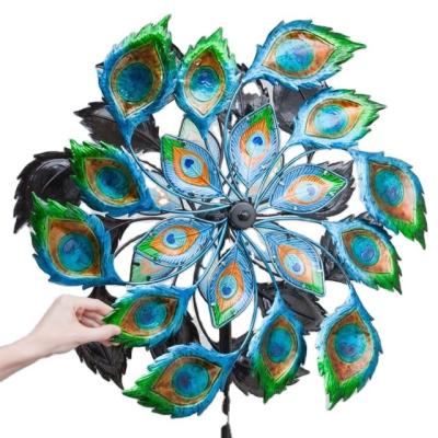 China Eco-Friendly Kinetic Peacock Solar Powered Wind Sculpture Metal Stake Double Yard Mills Spinners for sale