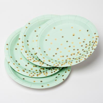 China OEM Home Party Plates Eco Friendly Biodegradable Tableware Set Disposable Paper Plate With Gold Dot Design for sale