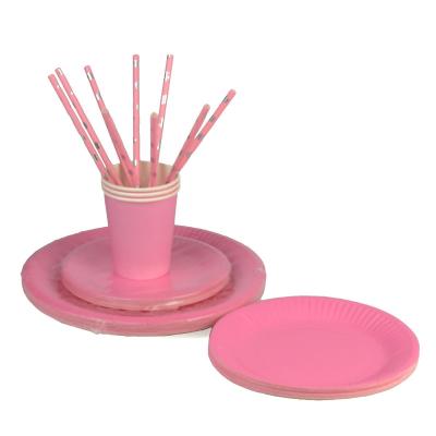 China Home Eco-Friendly Disposable Paper Deep Plate Straw Tableware Set Wedding Girl Pink Birthday Decoration Party Supplies for sale