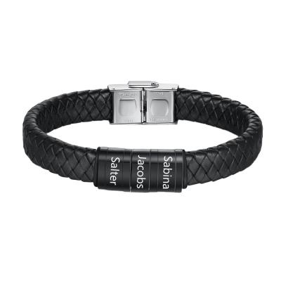 China Stainless Steel Punk Bangles Personalized Family Name Engraved Braided Leather Bracelets For Men for sale