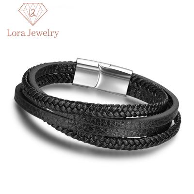 China Factory Price Best Gift Stainless Steel Bracelet Men Punk Jewelry Buckle Black Genuine Leather Bracelet for sale