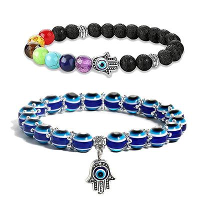 China 2Pcs /Set 7 Chakra Punk Eye Bead Charm Beaded Stretch Lava Stone Bracelet Evil Blue Beaded Bracelet Handmade Jewelry for sale