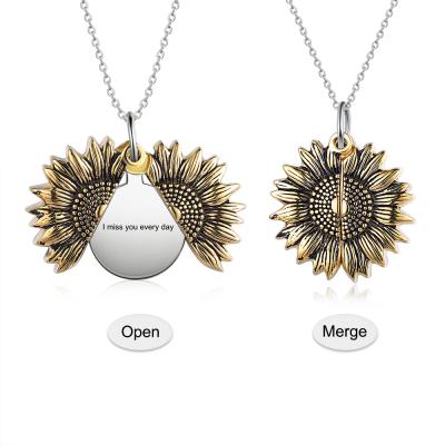 China TRENDY Rhodium Plated Stainless Steel Name Sunflower Engraving Pendant Necklace For Women Girls Gifts for sale