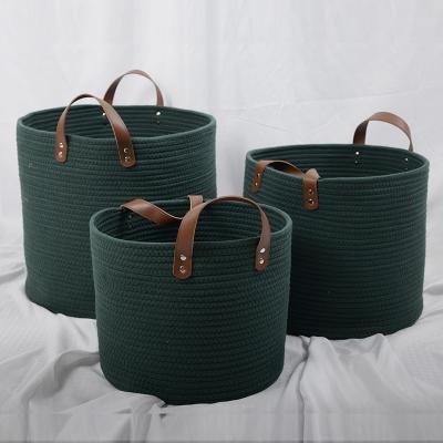 China Sustainable high quality extra large size hand - woven cotton rope basket for home organization with PU handles for sale