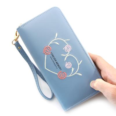 China JF2035 waterproof top selling women fashion long ladies zipper wallet colorful heart embroidery large capacity for sale