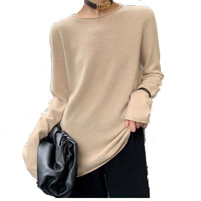 China In stock purecashmere wholegarment knitted seamless roll edge crewneck long sleeve women long sweater for sale