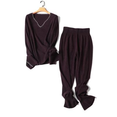 China Pure Cashmere Two-piece Sweater Set 100% Cashmere Women V Neck Sweater and Pants set for sale