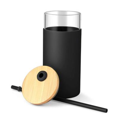 China Viable BPA Free Silicone Bamboo Sleeve Lid Glass Water Bottle Cup Mug Tumbler for sale