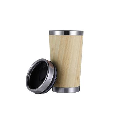 China Eco-friendly Sustainable 304 Stainless Steel Water Cup Double Wall With Bamboo Cover Upright Tumbler With Bamboo Lid for sale