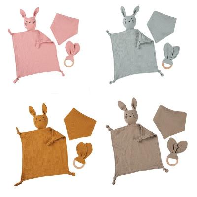 China Soft cotton gauze baby comfort towel saliva towel beech rabbit ear bite ring animal three piece suit for sale