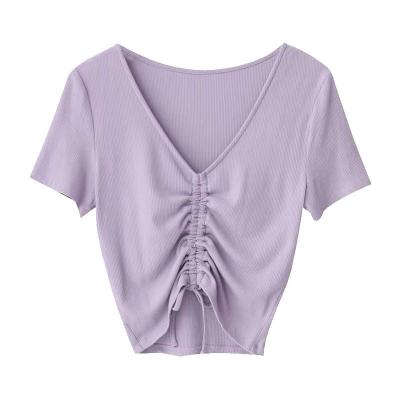 China New Breathable Sports Fitness Yoga Tops Slim Running Sportswear Drawstring Cotton V-Neck T-Shirt for sale